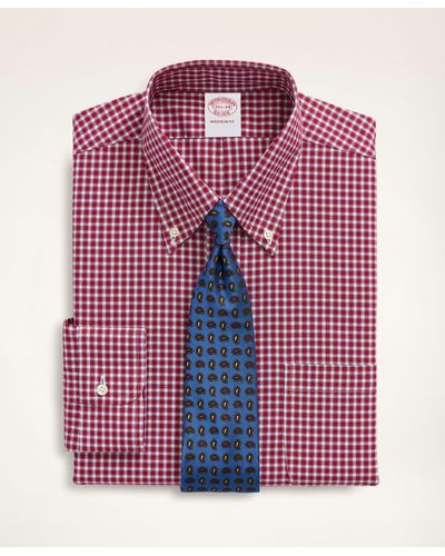 Brooks Brothers Stretch Milano Slim-fit Dress Shirt, Non-iron Pinpoint Oxford Button Down Collar Gingham - Pink