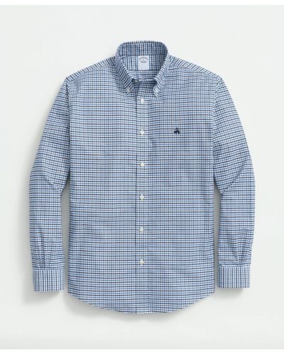 Brooks Brothers Stretch Cotton Non-iron Oxford Polo Button-down Collar, Mini-graph Checked Shirt - Blue