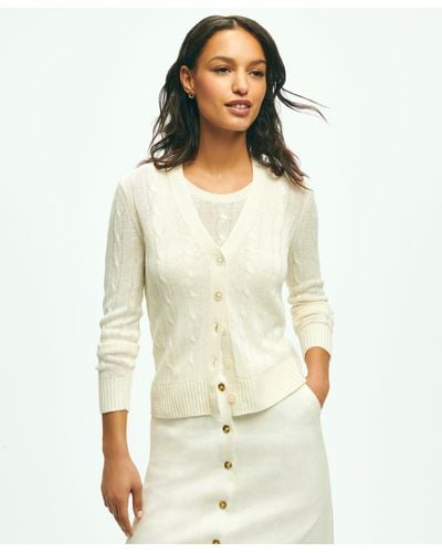 Brooks Brothers Cable Knit Cardigan In Linen Sweater - White