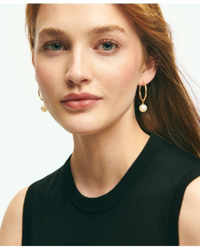 Brooks Brothers Drop Glass Pearl Hoop Earrings - Black