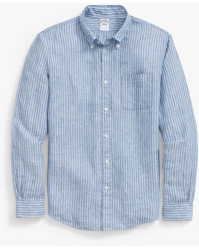 Brooks Brothers Blue White Striped Regular Fit Linen Sport Shirt With Button Down Collar - Azul