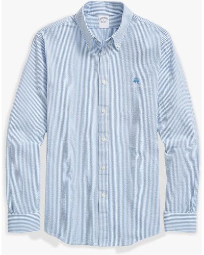 Brooks Brothers Blue Stripe Regular Fit Cotton Seersucker Dress Shirt With Button Down Collar - Azul