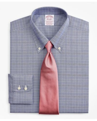 Brooks Brothers Stretch Milano Slim-fit Dress Shirt, Non-iron Royal Oxford Button-down Collar Glen Plaid - Blue