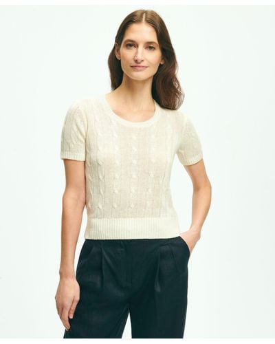 Brooks Brothers Cable Knit Short-sleeve Top In Linen Sweater - White