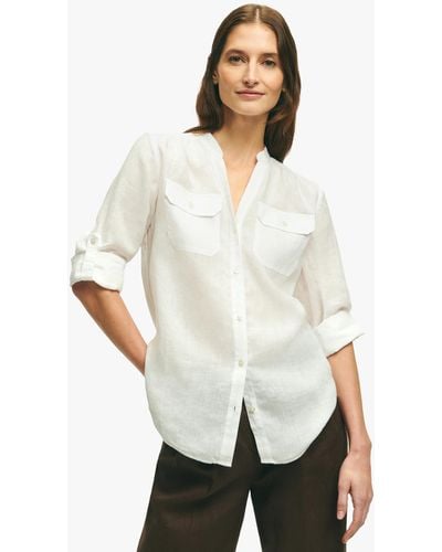 Brooks Brothers White V-neck Linen Utility Shirt - Bianco