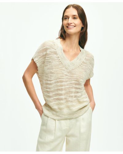Brooks Brothers Relaxed V-neck Short-sleeve Sweater In Linen Lurex - Natural
