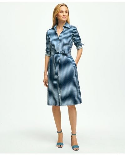 Brooks Brothers Supima Cotton Stretch Sateen Belted Shirt Dress - Blue