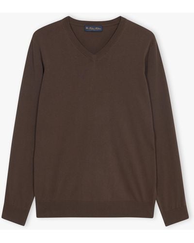 Brooks Brothers Brown Cotton V-neck Sweater - Marron
