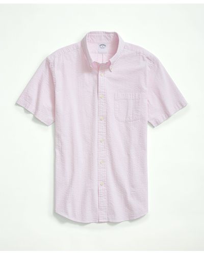 Brooks Brothers Washed Cotton Seersucker Button-down Collar, Stripe Short-sleeve Sport Shirt - Pink