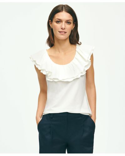 Brooks Brothers Ruffle Collar Sleeveless Top In Cotton Modal Jersey - White