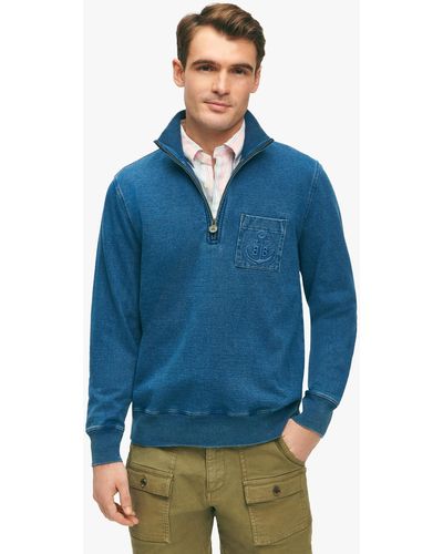 Brooks Brothers Pull-over Indigo À Glissière Courte En Coton - Bleu