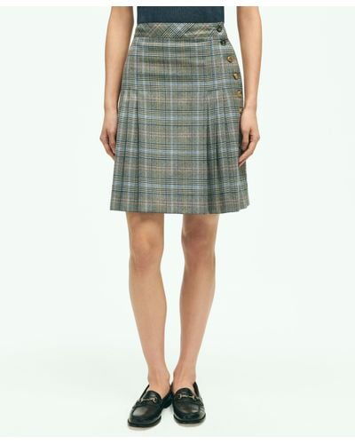 Brooks Brothers Stretch Wool Prince Of Wales A-line Pleated Skirt - Green