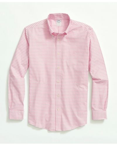 Brooks Brothers Stretch Non-iron Oxford Button-down Collar, Gingham Sport Shirt - Pink