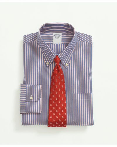 Brooks Brothers Stretch Supima Cotton Non-iron Pinpoint Oxford Button-down Collar, Outline Stripe Dress Shirt - Blue