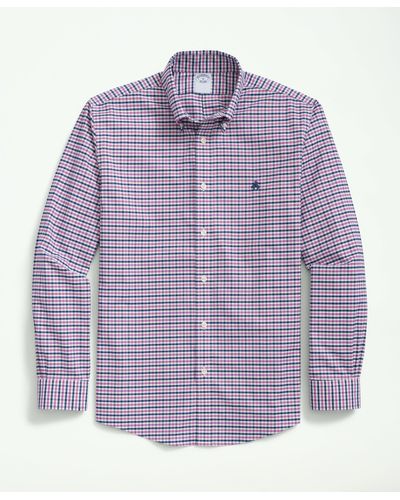 Brooks Brothers Big & Tall Stretch Cotton Non-iron Oxford Polo Button-down Collar Gingham Shirt - Purple