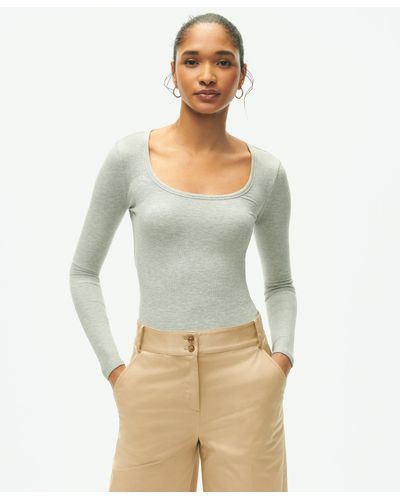 Brooks Brothers Long Sleeve Jersey Ribbed Scoop Neck Top - Natural