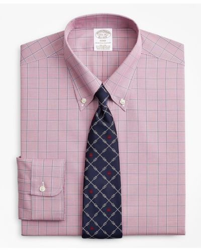 Brooks Brothers Stretch Madison Relaxed-fit Dress Shirt, Non-iron Pinpoint Button-down Collar Glen Plaid - Red