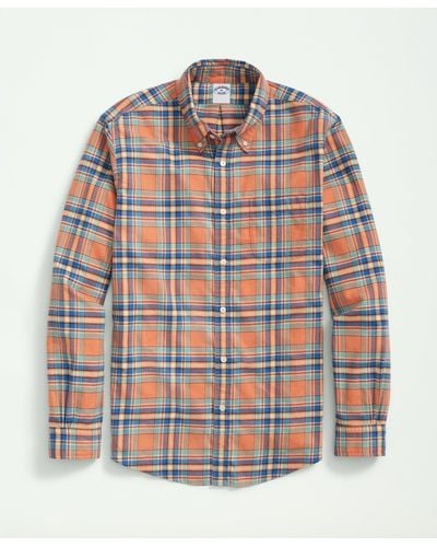 Brooks Brothers Portuguese Flannel Polo Button Down Collar, Plaid Shirt - Orange