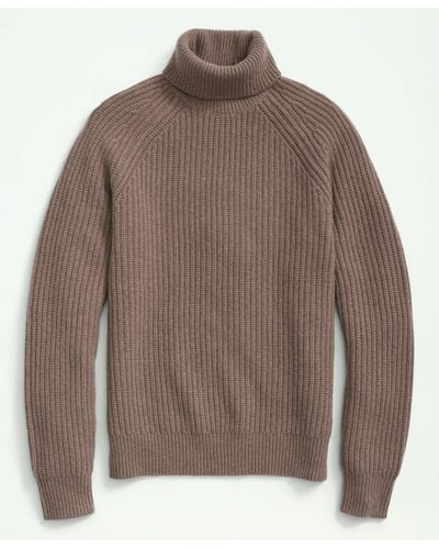 Brooks Brothers Merino Wool Cashmere English Rib Turtleneck Sweater - Brown