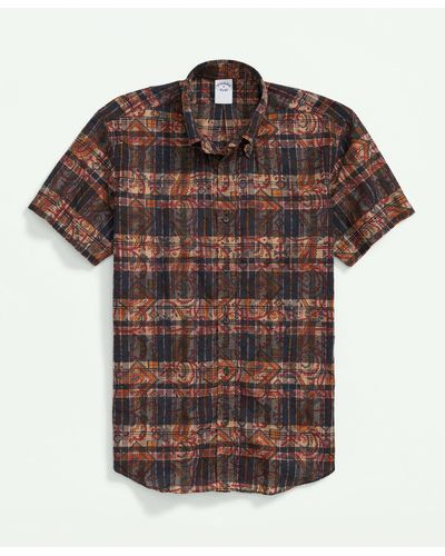 Brooks Brothers Cotton Madras Short Sleeve Button-down Collar Sport Shirt - Brown