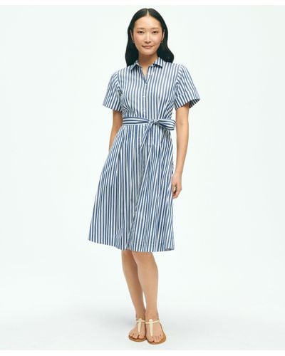 Brooks Brothers Striped Belted Shirt Dress In Cotton - Blue