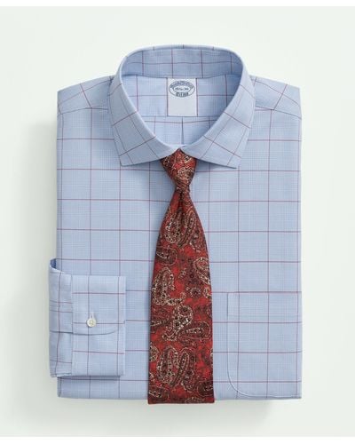 Brooks Brothers Stretch Supima Cotton Non-iron Poplin English Spread Collar, Glen Plaid Dress Shirt - Blue