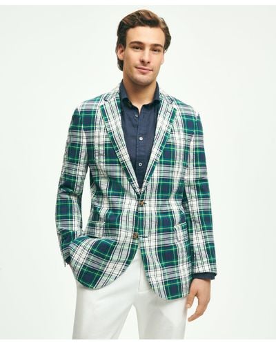 Brooks Brothers Regent Classic-fit Cotton Seersucker Madras Plaid Sport Coat - Blue