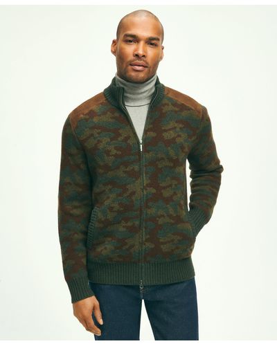 Brooks Brothers Merino Wool Stand Collar Camouflage Zip Cardigan - Green