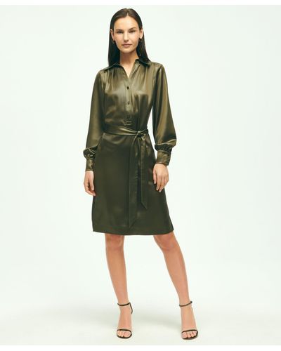 Brooks Brothers Satin Popover Belted Shirt Dress - Green
