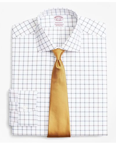 Brooks Brothers Stretch Milano Slim-fit Dress Shirt, Non-iron Poplin English Collar Double-grid Check - Brown