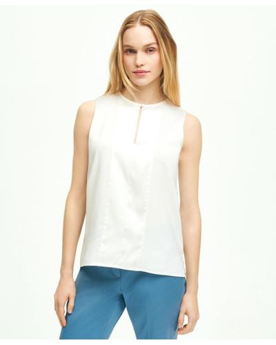 Brooks Brothers Stretch Silk Sleeveless Contrast Blouse - White