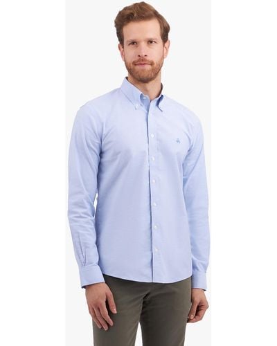 Brooks Brothers Camisa De Algodón Elástico Azul Non-iron Corte Slim Con Cuello Button Down