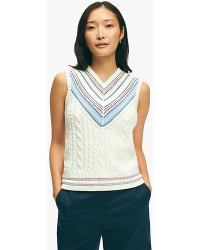 Brooks Brothers White V-neck Sleeveless Tennis Sweater In Supima Cotton - Multicolore