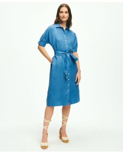 Brooks Brothers Puff Sleeve Belted Shirt Dress In Linen - Blue