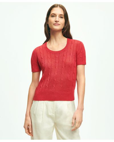 Brooks Brothers Cable Knit Short-sleeve Top In Linen Sweater - Red