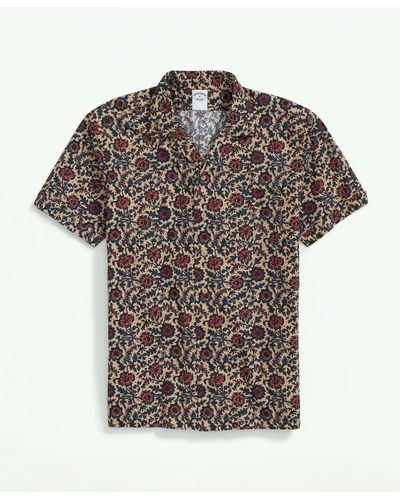 Brooks Brothers Cotton Short Sleeve Camp Collar Shirt In Batik-inspired Floral Print - Gray