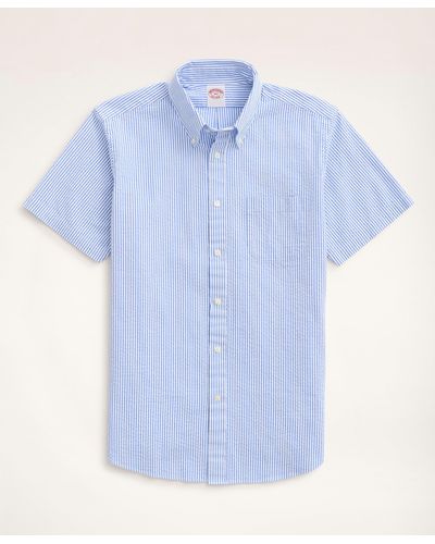 Brooks Brothers Regent Regular-fit Sport Shirt, Short-sleeve Seersucker Stripe - Blue