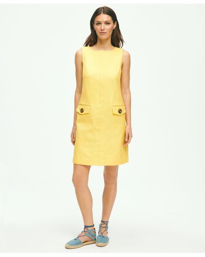 Brooks Brothers Crewneck Shift Dress In Basketwoven Cotton - Yellow
