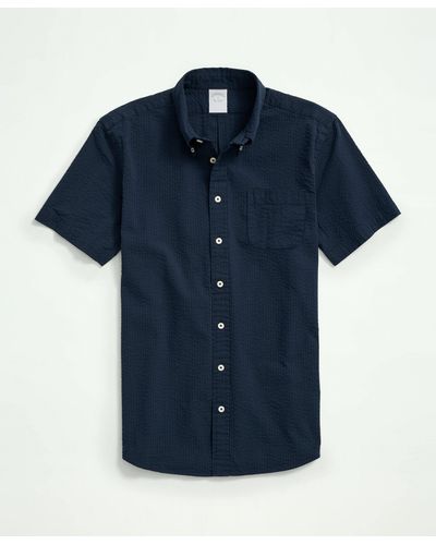 Brooks Brothers Stretch Cotton Seersucker Button-down Collar Short-sleeve Sport Shirt - Blue