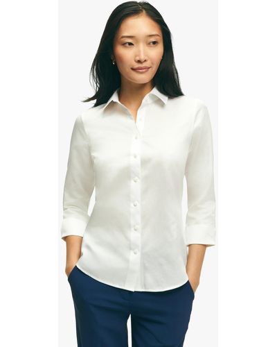 Brooks Brothers White Fitted Stretch Cotton Sateen Three-quarter Sleeve Blouse - Bianco