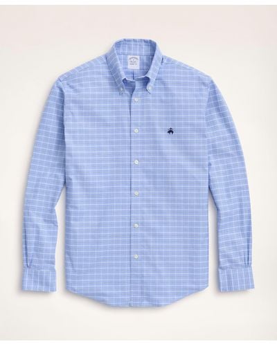 Brooks Brothers Milano Slim-fit Sport Shirt, Non-iron Oxford Button-down Collar Ground Check - Blue