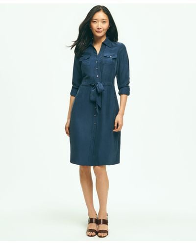 Brooks Brothers Relaxed Silk Utility Shirt Dress - Blue