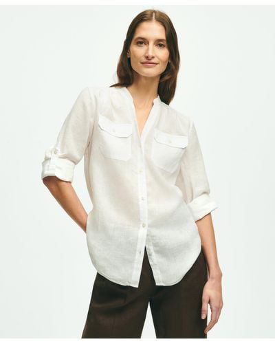 Brooks Brothers Classic V-neck Utility Shirt In Linen - White