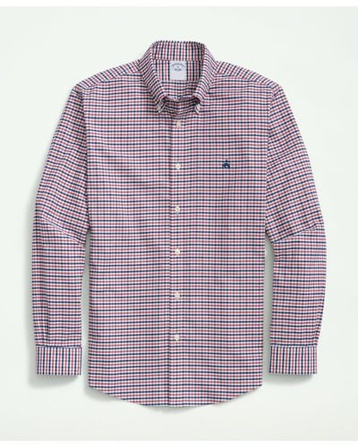 Brooks Brothers Stretch Cotton Non-iron Oxford Polo Button-down Collar, Gingham Shirt - Purple
