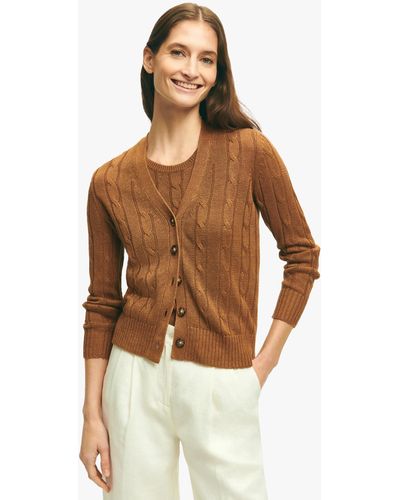 Brooks Brothers Brown Linen Cable Knit Cardigan - Marrone