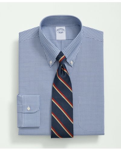 Brooks Brothers Stretch Supima Cotton Non-iron Poplin Polo Button-down Collar, Checked Dress Shirt - Blue