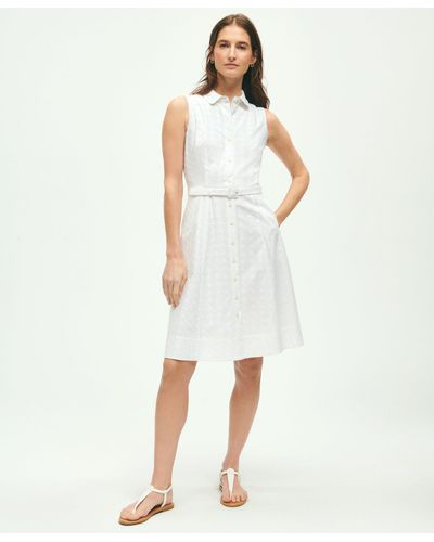 Brooks Brothers Sleeveless Cotton Eyelet Belted Shirt Dress - White