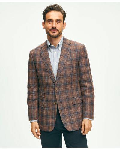 Brooks Brothers Traditional Fit Plaid Hopsack Sport Coat In Linen-wool Blend - Brown