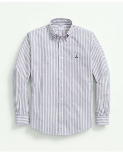 Brooks Brothers Stretch Cotton Non-iron Oxford Polo Button-down Collar, Outline Striped Shirt - Gray