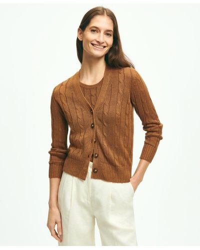 Brooks Brothers Cable Knit Cardigan In Linen Sweater - Brown